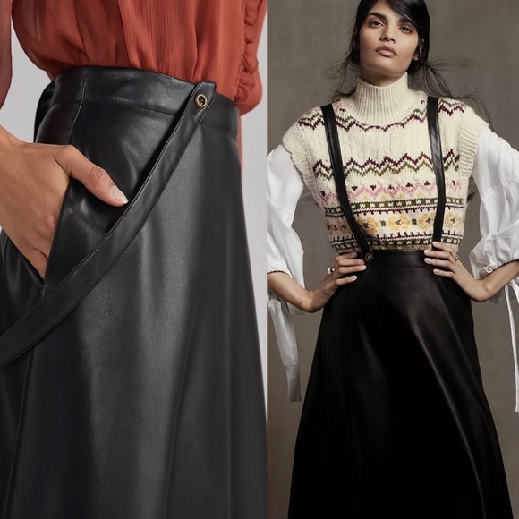 NWT Anthropologie Black Faux Leather Adjustable Pinafore Skirt w/ Pockets 12 - Picture 5 of 13